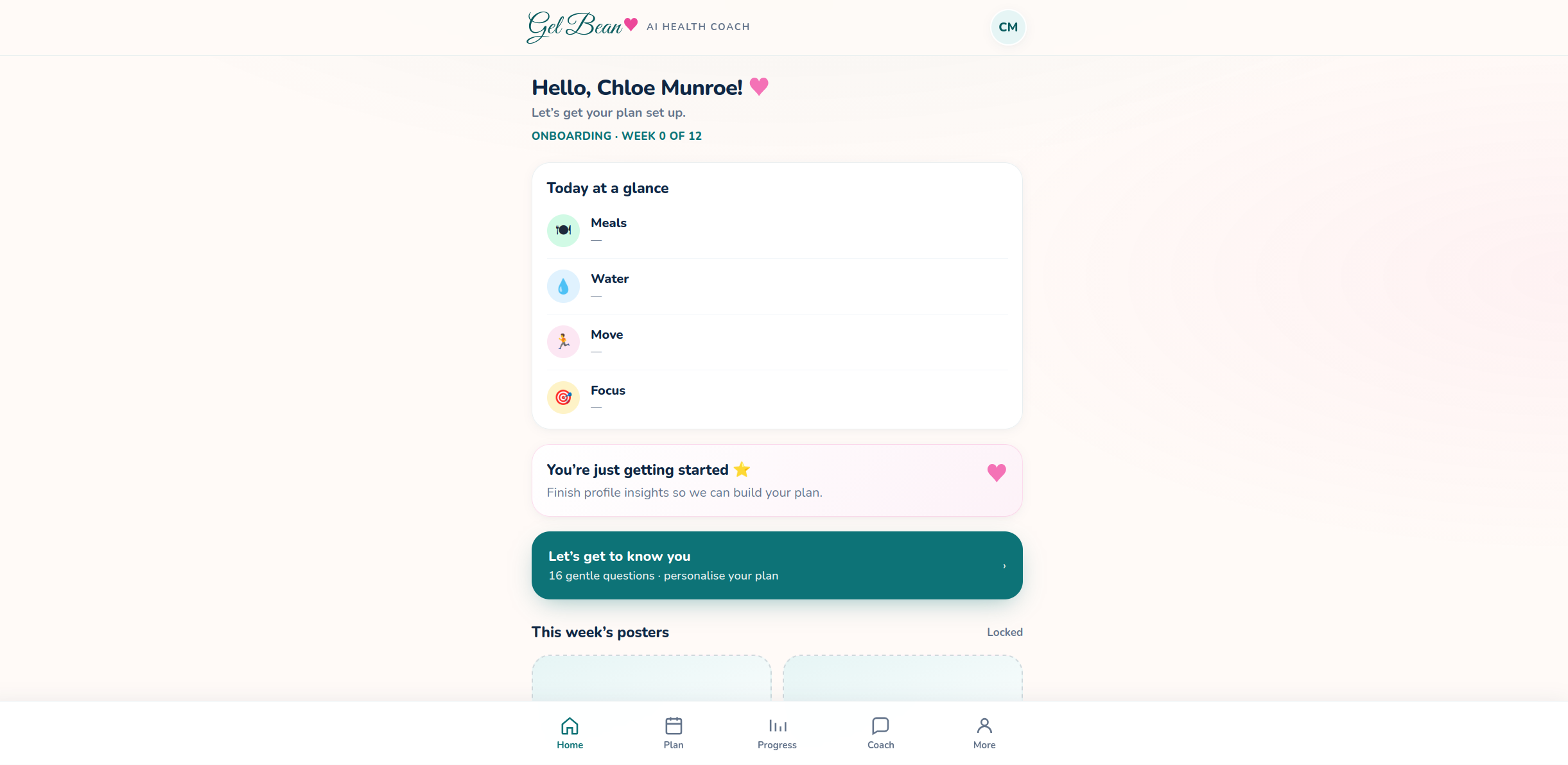 Gel Bean home dashboard during onboarding with meals, water, move, and focus