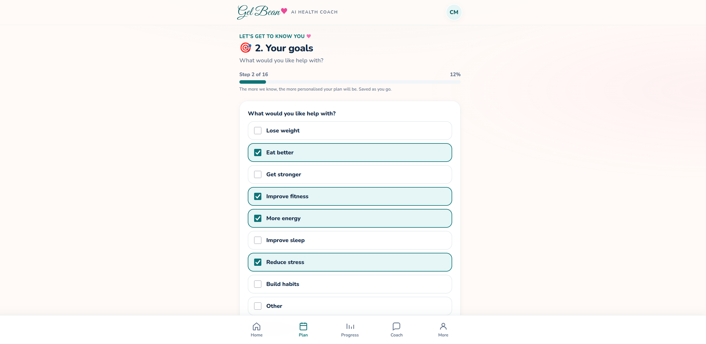 Gel Bean onboarding step for selecting health goals