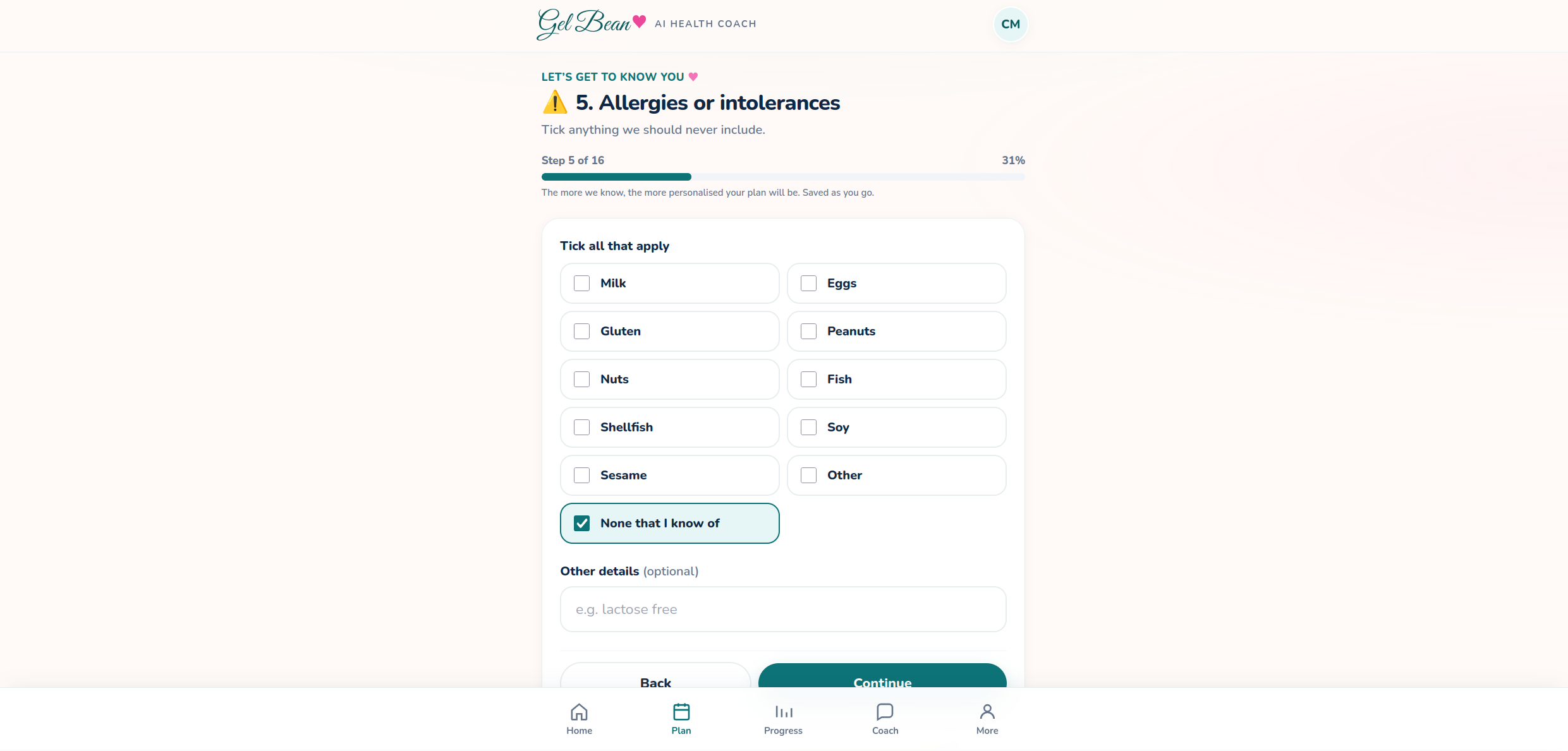 Gel Bean allergies and intolerances onboarding step