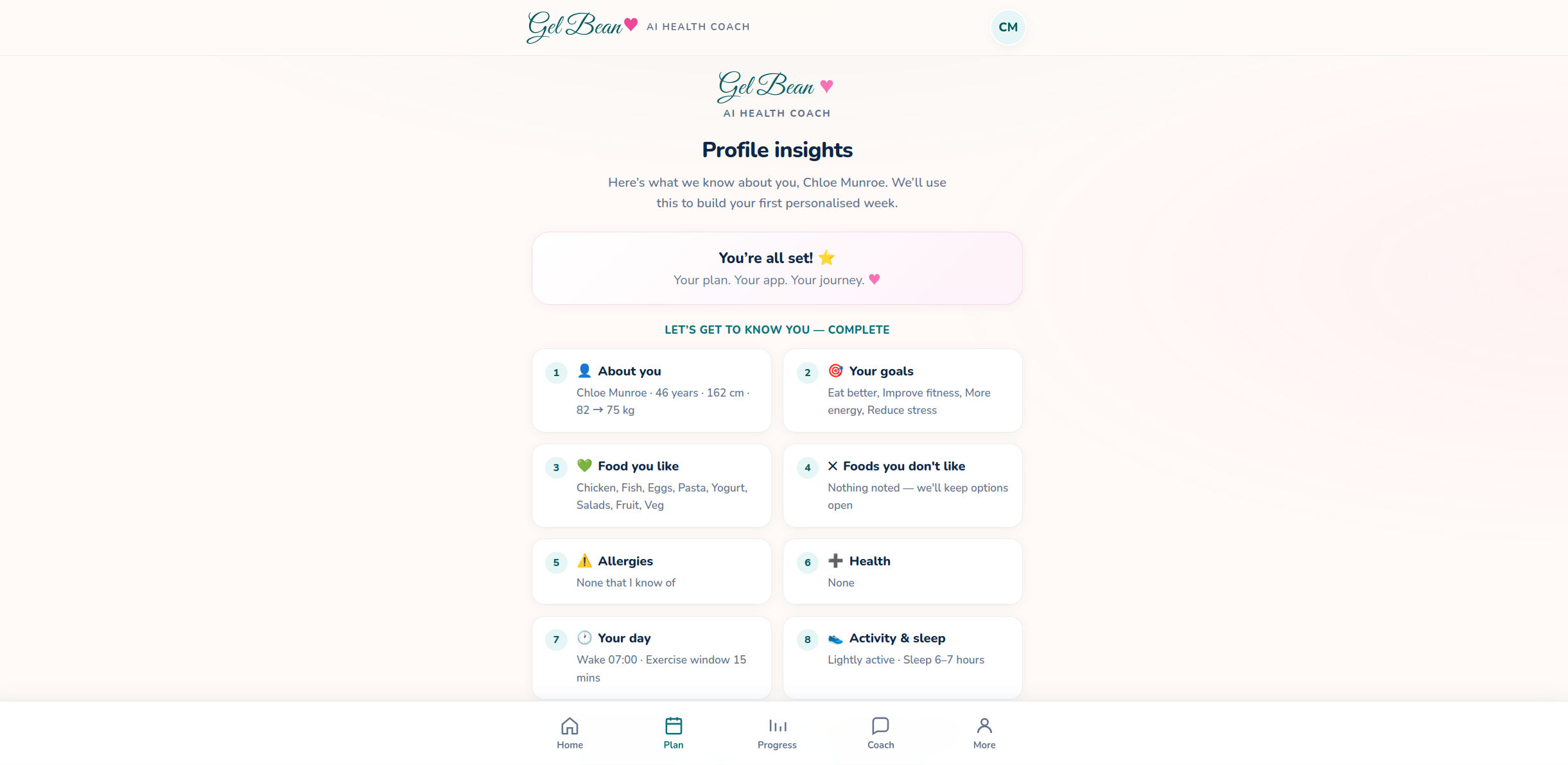 Gel Bean profile insights summary after onboarding