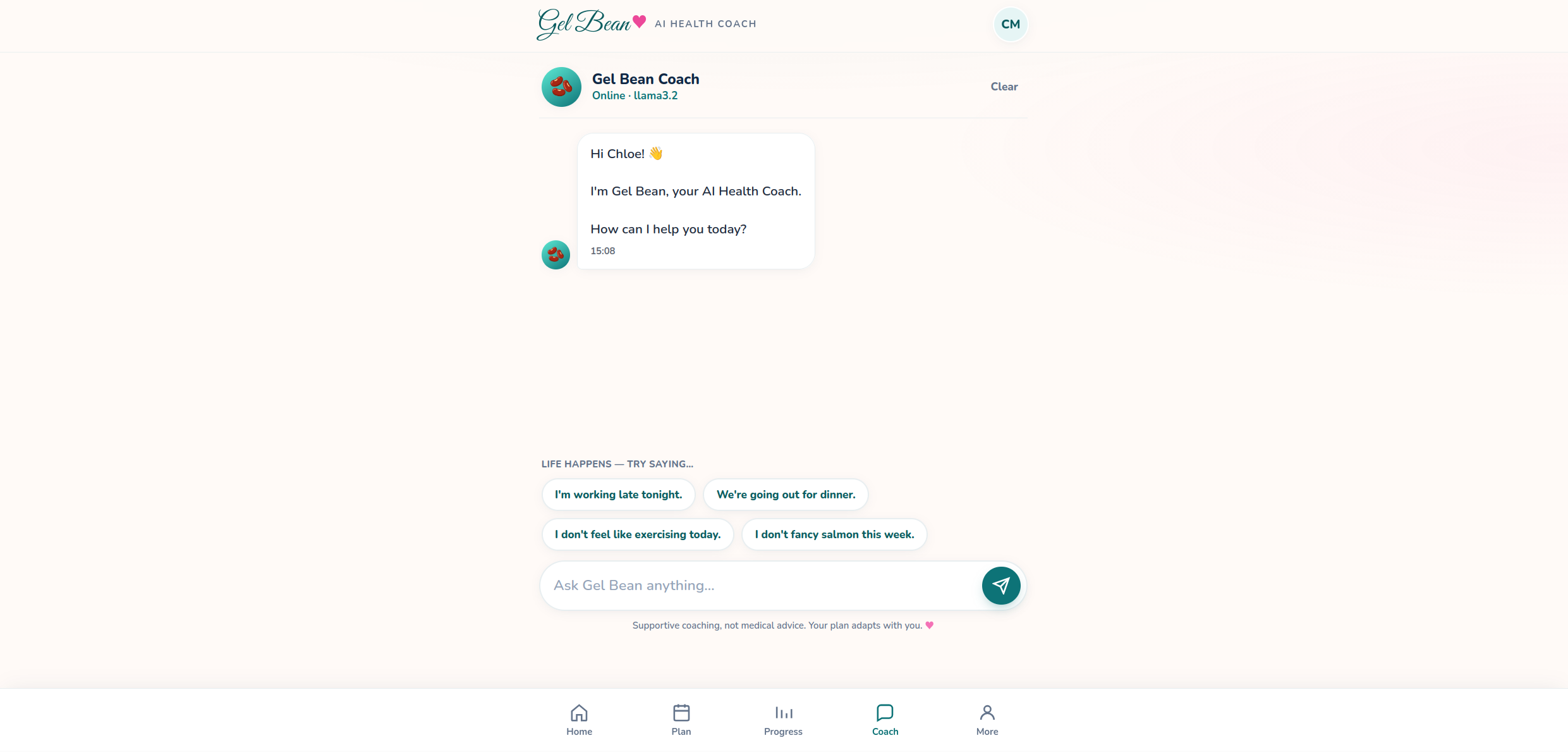Gel Bean AI coach chat with supportive prompt chips