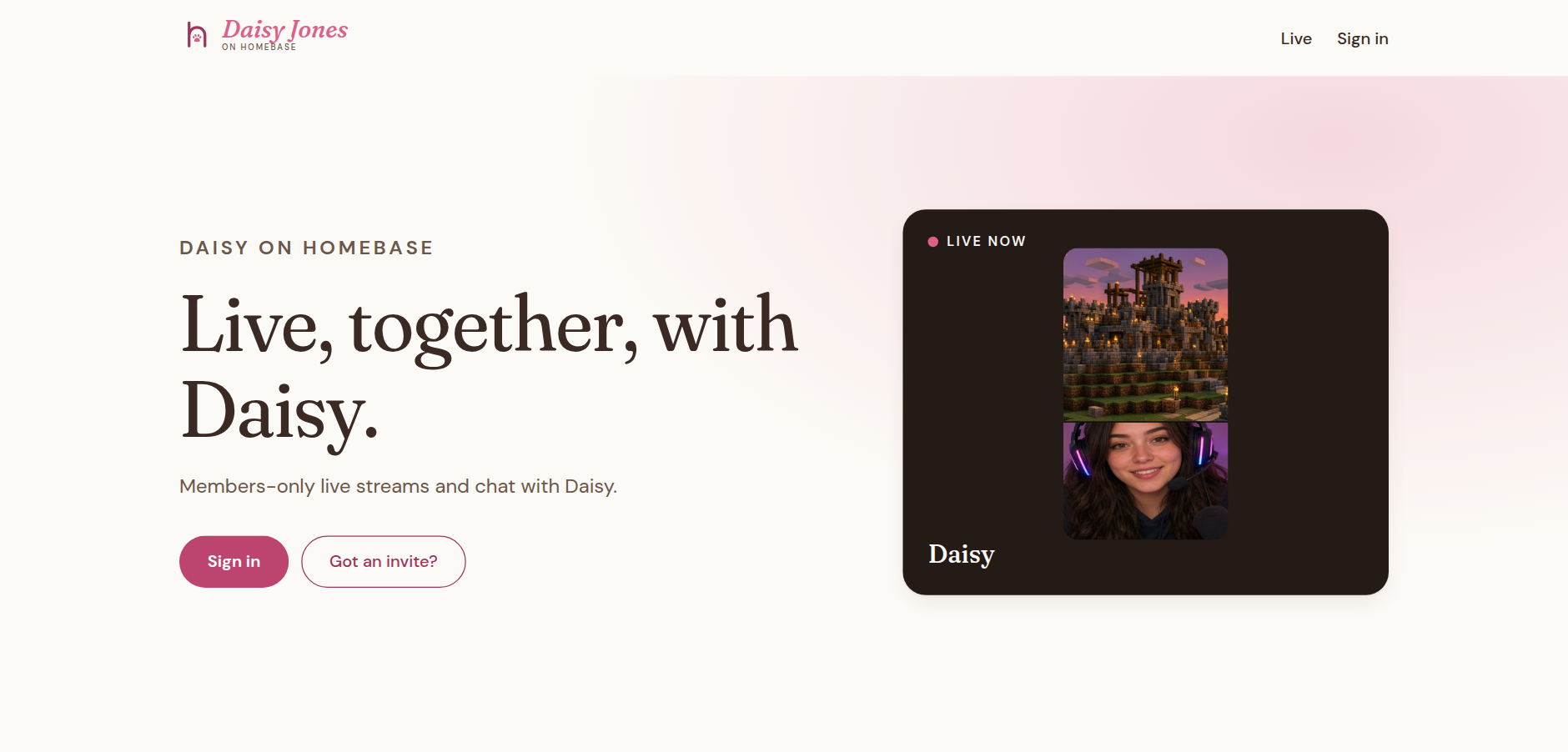 Daisy's Homebase site with a Live now teaser card beside the headline Live, together, with Daisy