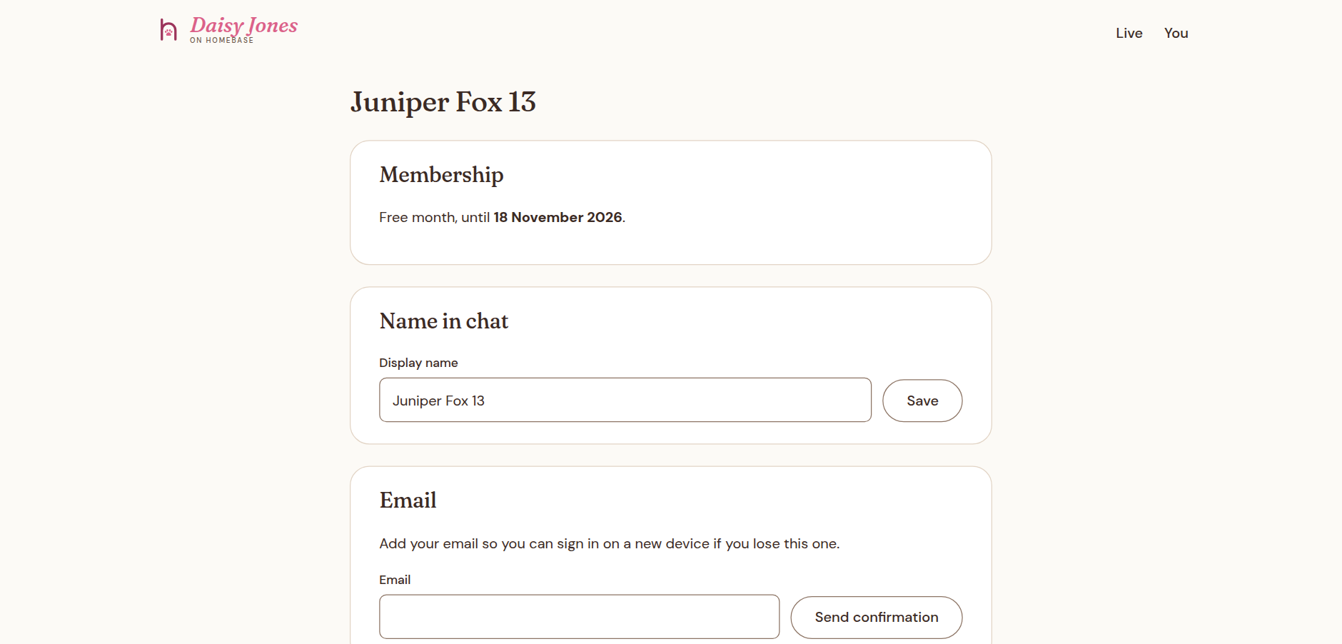 Member page showing a free month, the member's chat name, and an option to add an email