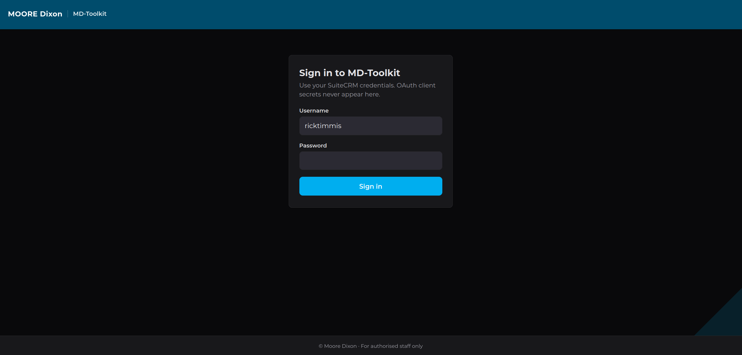 MD-Toolkit sign-in screen using SuiteCRM credentials