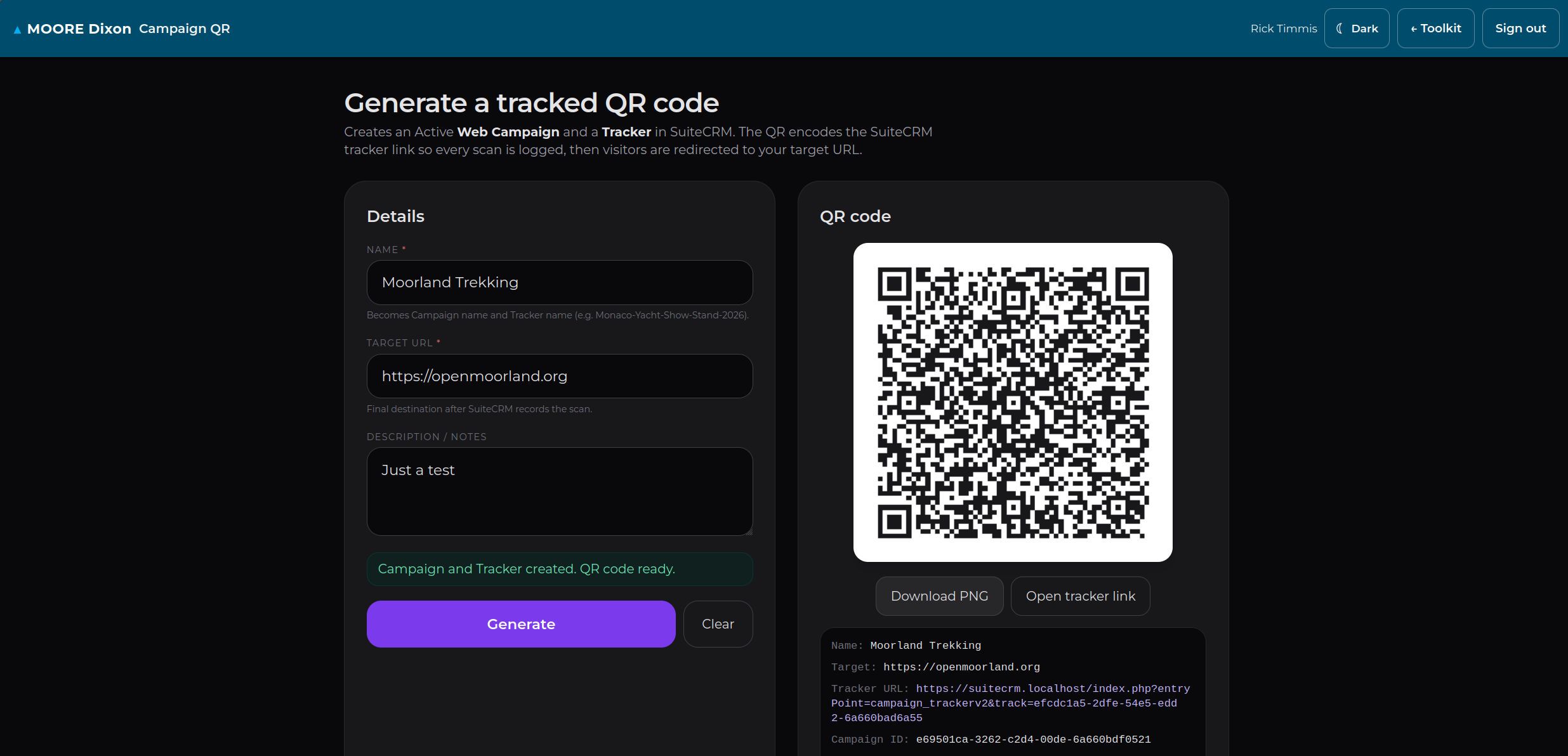 Campaign QR generator with tracked QR code ready to download