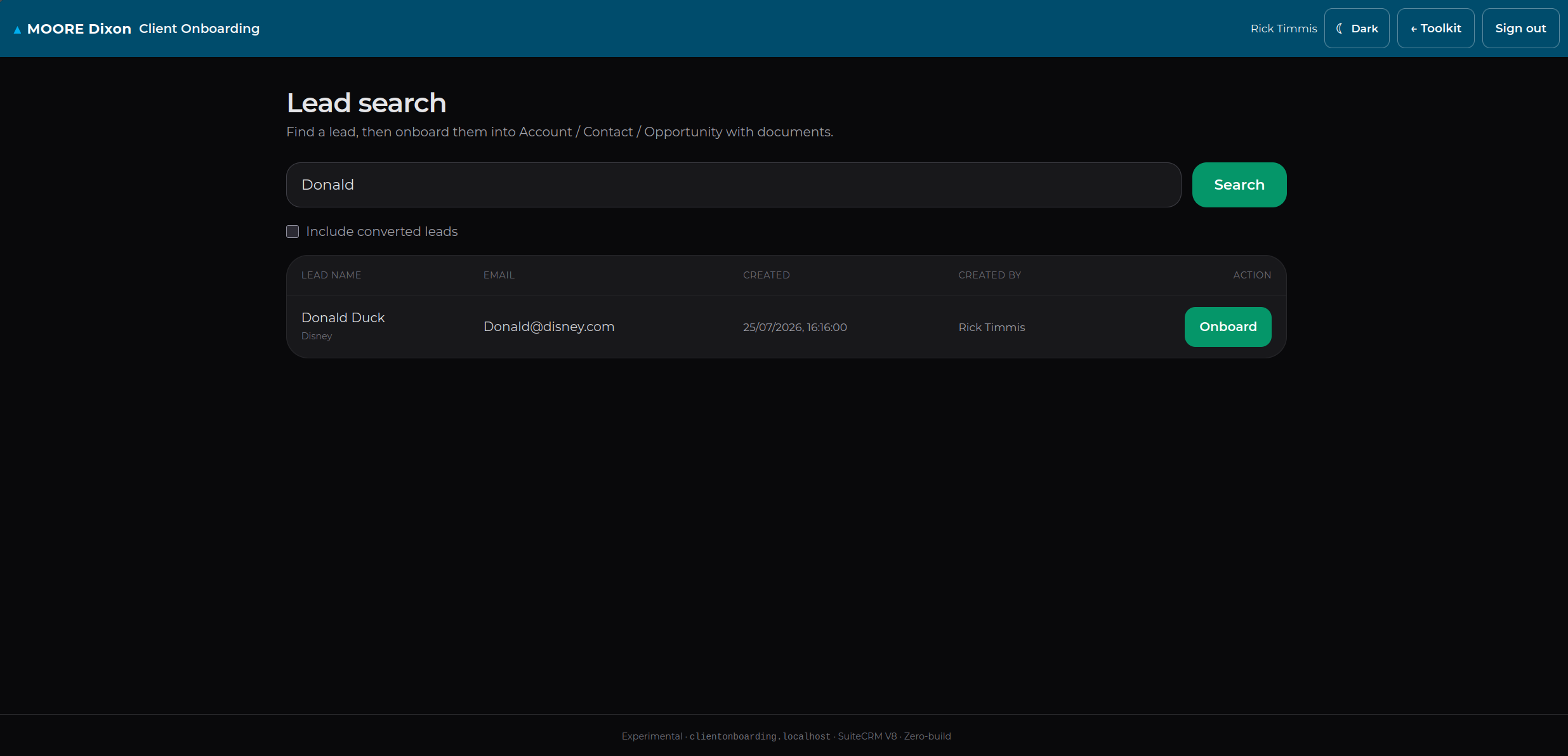 Client Onboarding lead search results