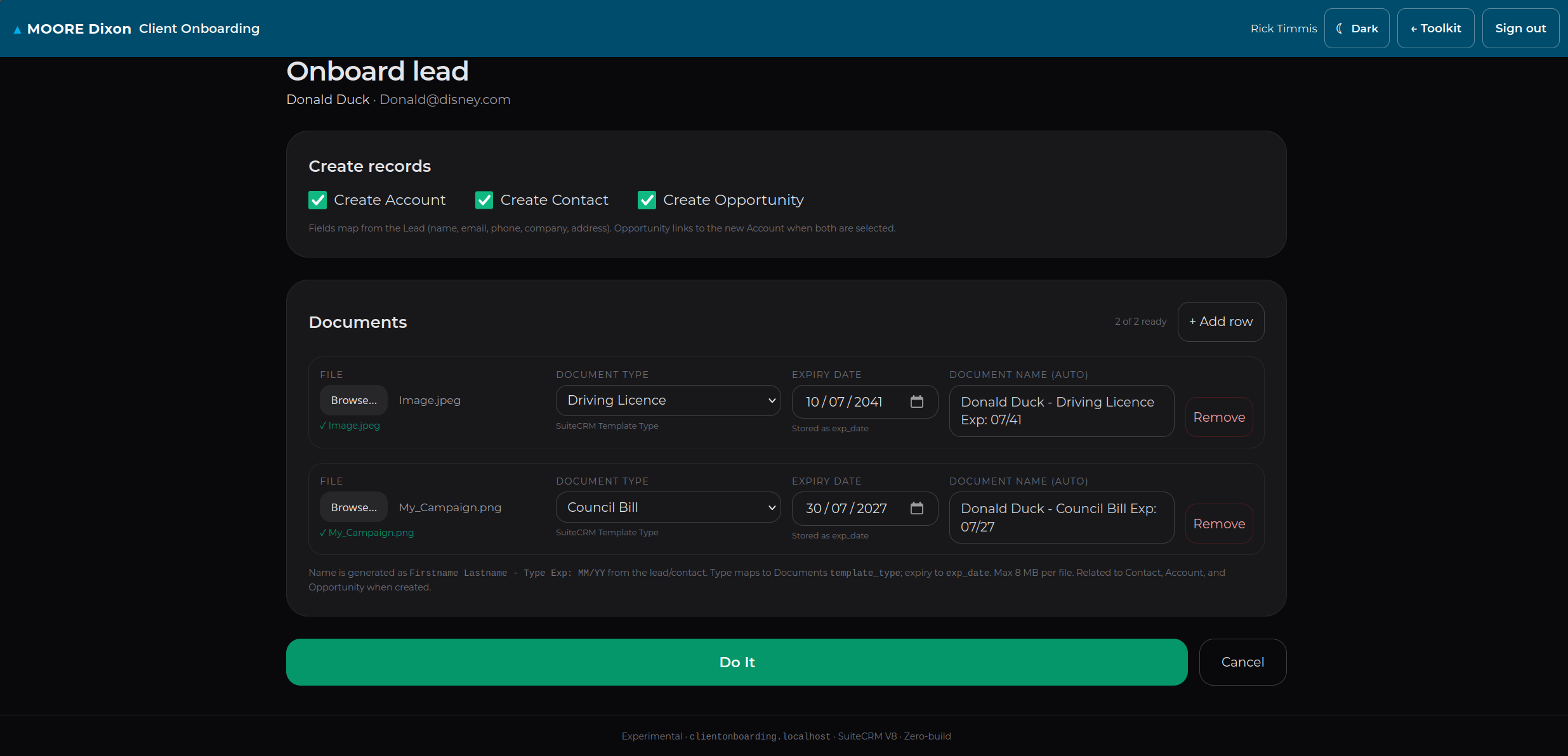 Client Onboarding form creating Account, Contact, Opportunity and attaching documents