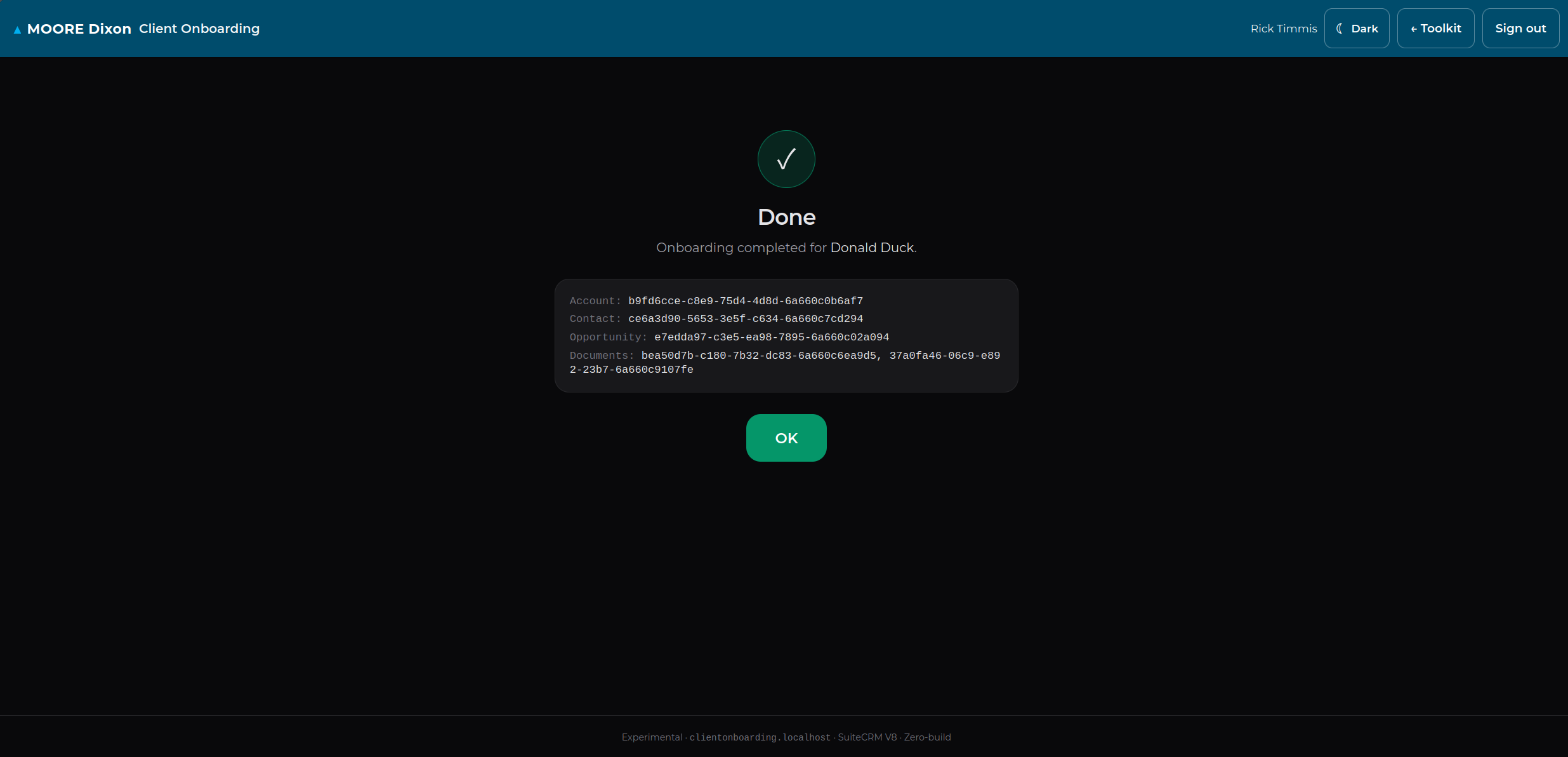 Client Onboarding completion screen with created CRM record IDs