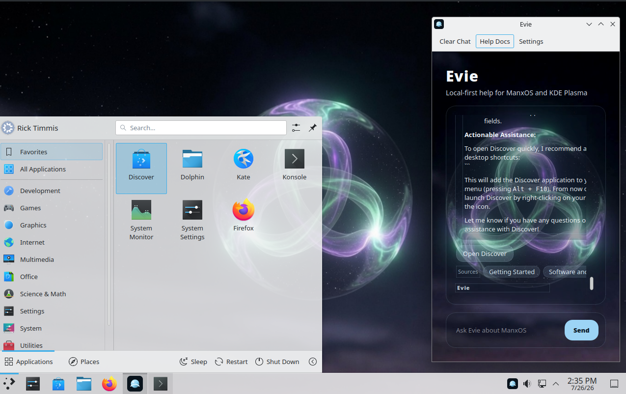 ManxOS KDE Plasma desktop with application menu and Evie assistant