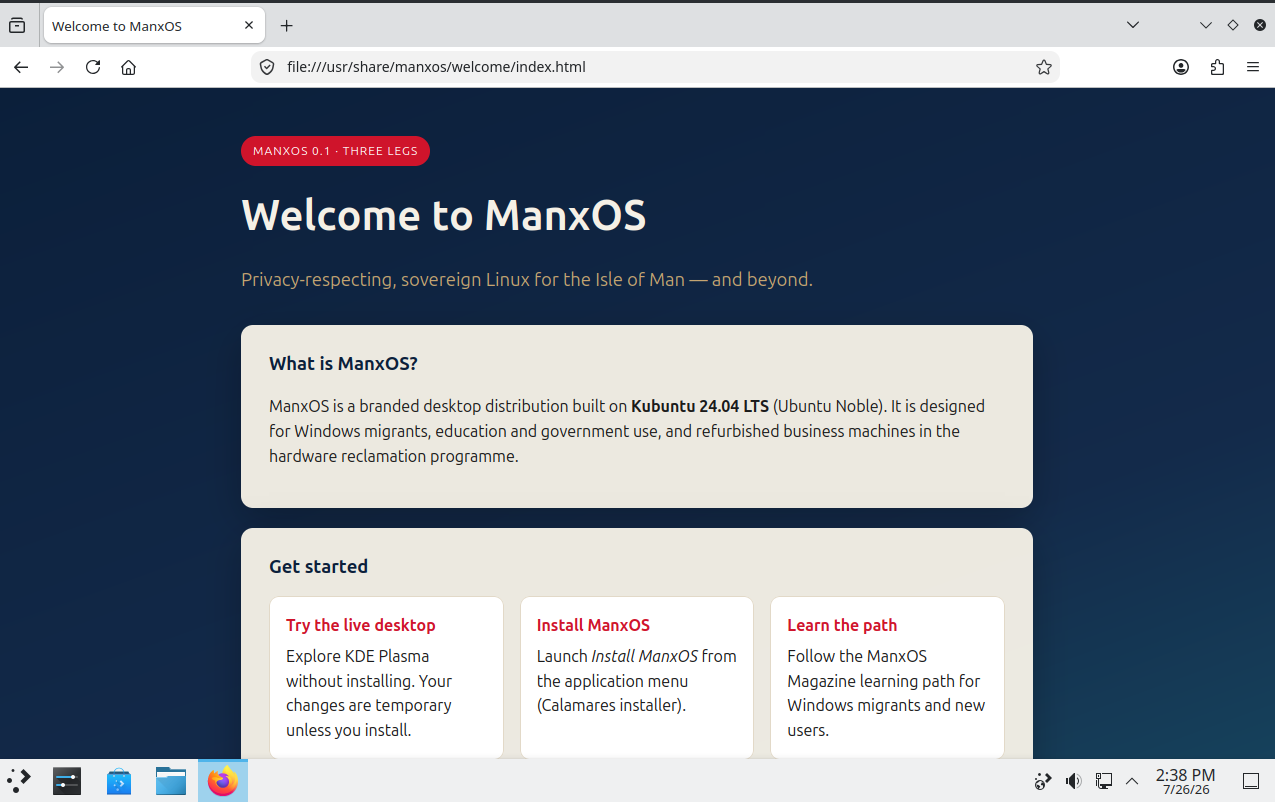 ManxOS welcome page in Firefox — get started paths