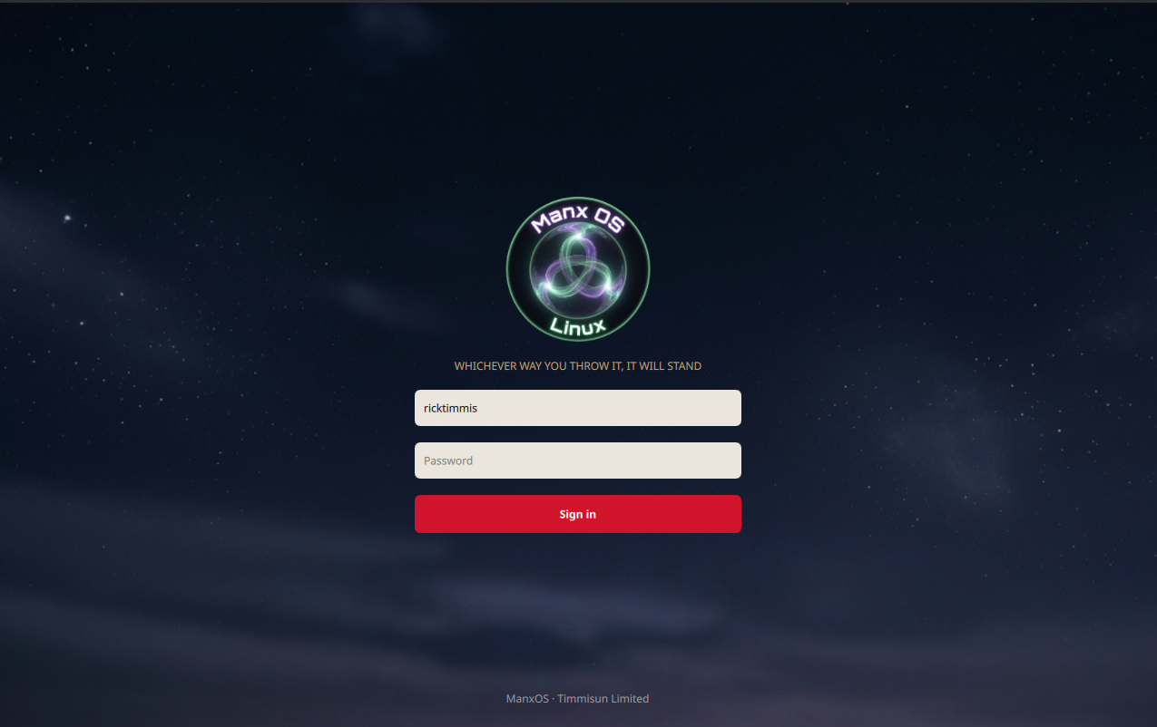 ManxOS login screen with triskelion logo and Manx motto
