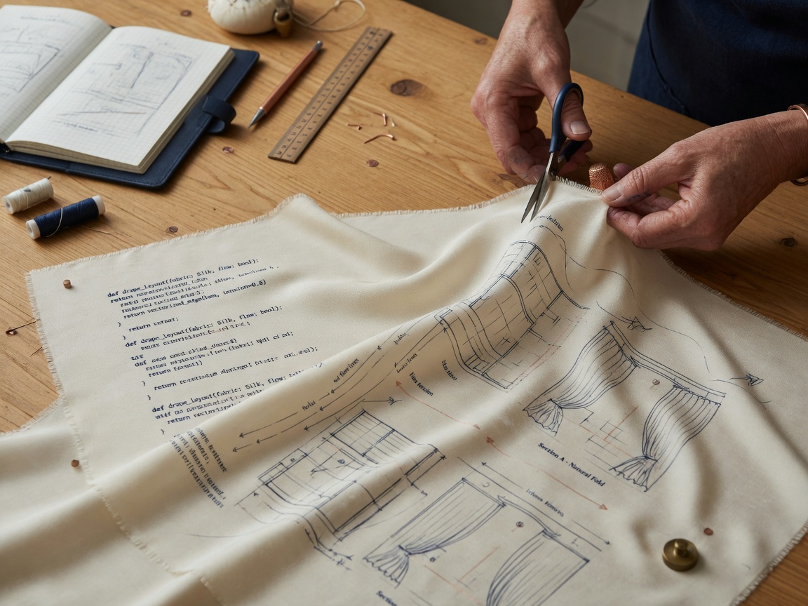 Hands carefully working with fabric that blends into clean code diagrams