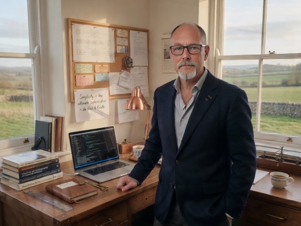 Rick Timmis, software tailor, in a bright modern atelier workshop