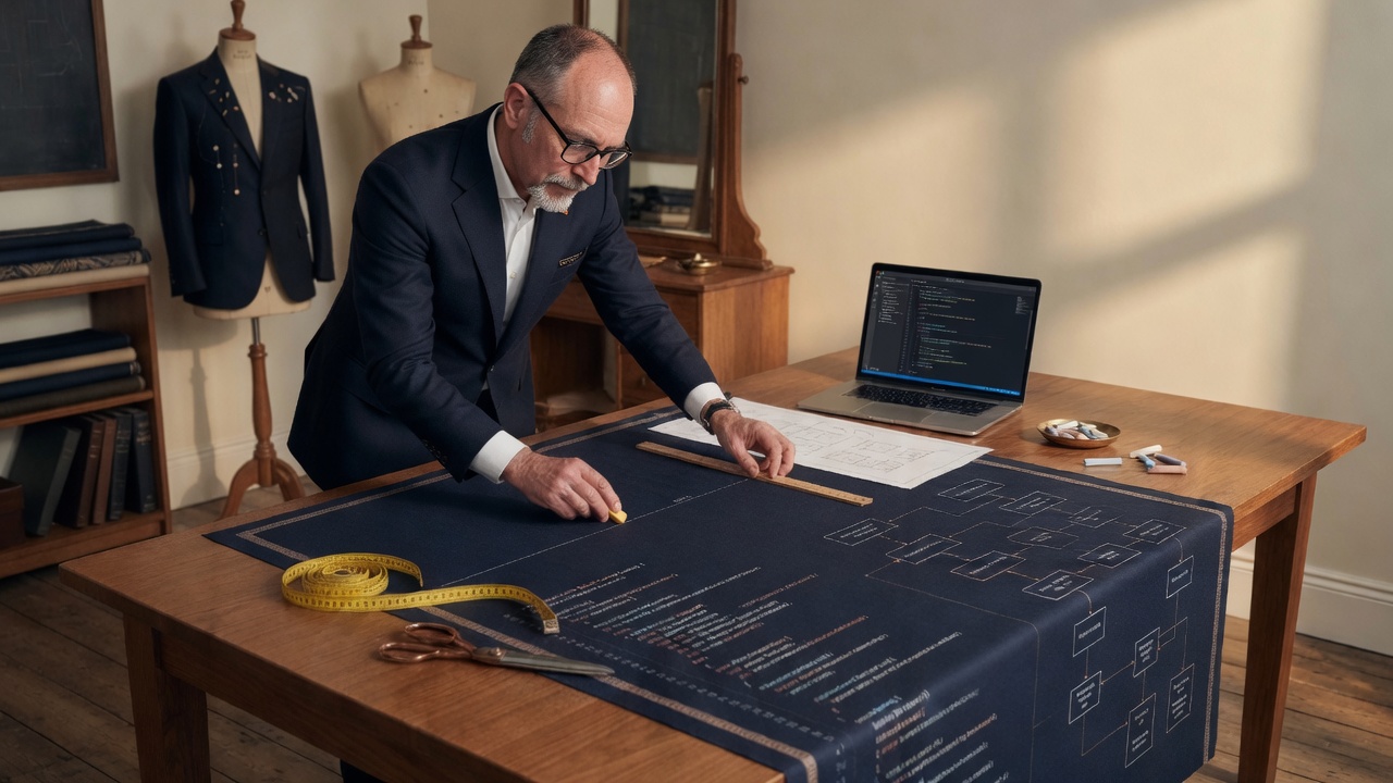 A master craftsman measuring fine fabric in a warm modern software atelier